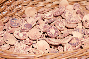background of clay ornaments in a basket