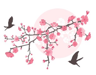 Cherry tree with flower and birds