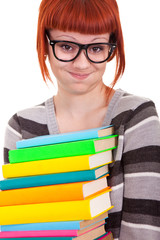 fun schoolgirl with stack books