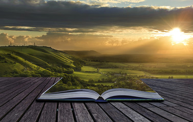 Magical book with contents spilling into landscape background