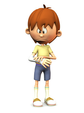 Sad cartoon boy with broken arm.