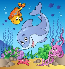 Obraz premium Various cute animals at sea bottom