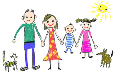 kinderzeichnung familie mit haustieren