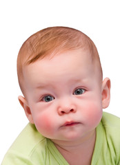 Bright closeup portrait of adorable baby on white