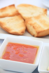 Tomato puree with olive oil for toasted bread Spain