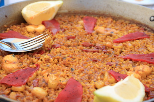 Traditional Valencian meal Arroz a banda with seafood Spain