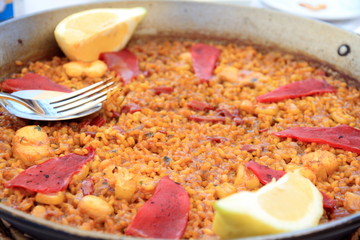 Traditional Valencian dish Arroz a banda with seafood Spain