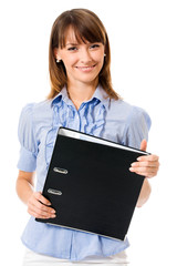 Smiling businesswoman with black folder, isolated on white