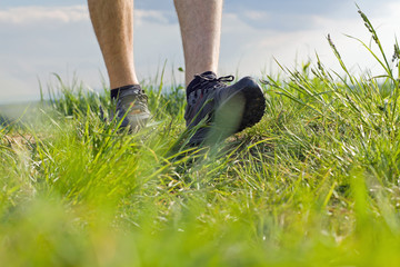 Trail walking in green grass on summer day