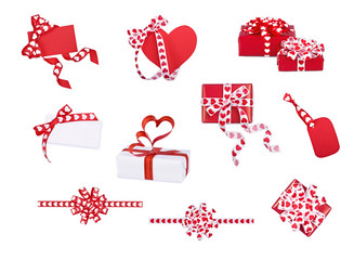 Set of gifts, bows and cards with hearts on the white