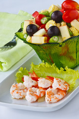 Healthy vegetable and fruit salad with shrimp