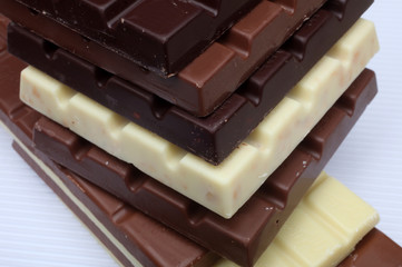 Close up of chocolate pieces on white background