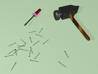 Tools a hammer a screw-driver and nails