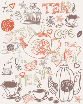 background with cups and teapots