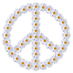 Flower power Peace symbol made of daisies isolated on white