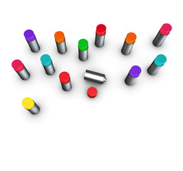 3d render group of spray-cans in different colors on white