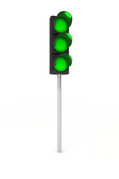 Traffic light showing three green lights over white background