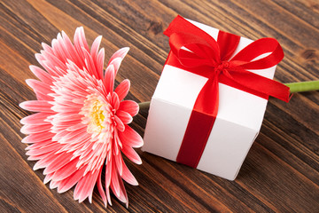 gerber flower and gift box on wood background
