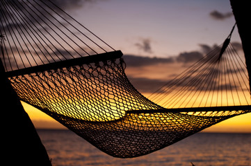 silhouette of hammock on beach overlooking ocean at sunset