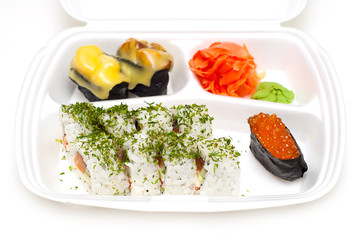 Take away sushi tray against white background