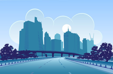 Fototapeta na wymiar Grafika wektorowa nowoczesnego miasta, zaprojektowany w niebieskich kolorach