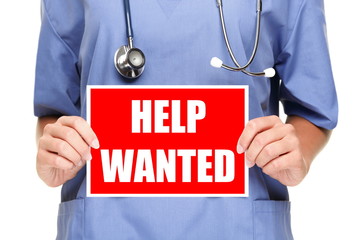 COVID-19 HELP WANTED healthcare workers doctor / nurse holding sign advert. 