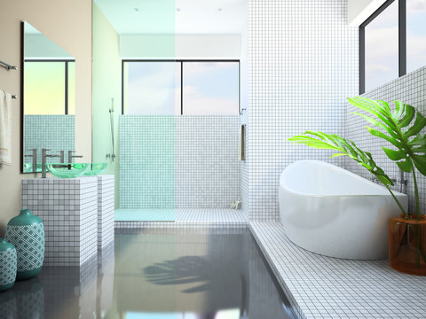 Modern interior of the white bathroom 3D