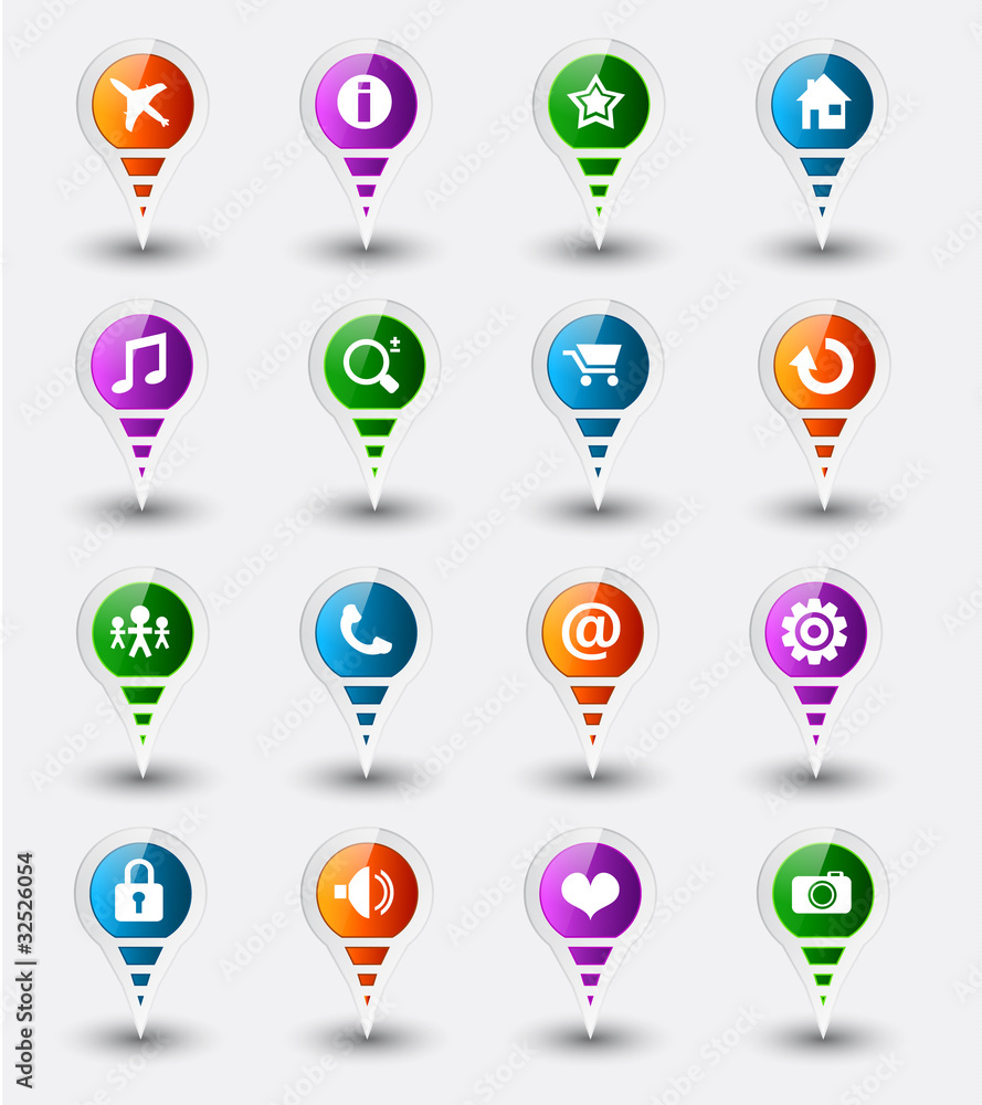 Poster gps ready pins with delicate gradients and transparent shadows.