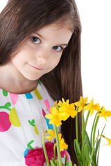 Picture of beautiful little girl with daffodils isolated on whit