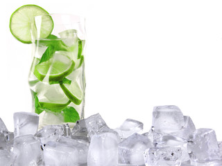 Mojito drink with ice cubes, isolated on white background