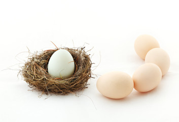 One egg inside the nest and other eggs outside