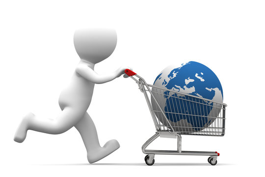 3d person carrying shopping cart with globe