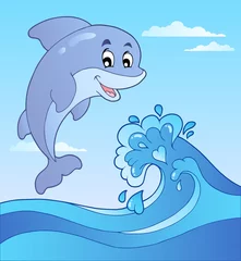 Poster Im Rahmen Springender Delphin mit Cartoon-Welle 1 © Klara Viskova