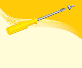 Yellow screwdriver with screw on the decorative background