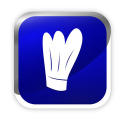 toque chef de cuisine sur bouton carré bleu