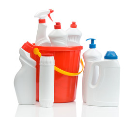 composition of white cleaners with red bucket