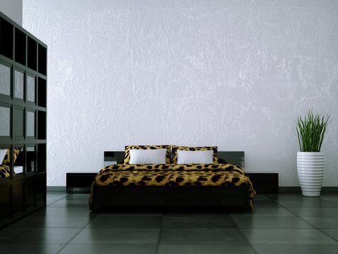 Schlafzimmer schwarz weiss Leopardendecke