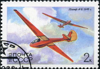 Planeur russe A9. 1948. Timbre postal.