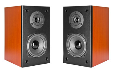 Obraz premium Two Wood Loud Speakers Isolated on White Background