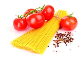 Pasta spaghetti with tomatoes   on a white background