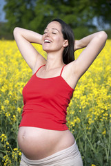 Naklejka na ściany i meble Pregnant woman basking in the sunshine