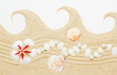 Beach sand with sea shell and star fish postcard