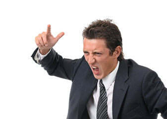 Businessman threatens finger. Isolated on white