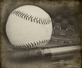 Retro vintage grungle stlye image of baseball and glove with age