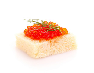 Red caviar and bread isolated on white