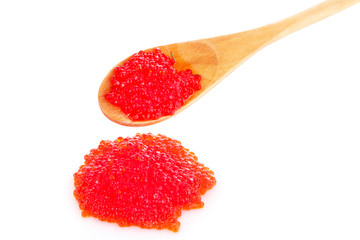 Red caviar on spoon isolated on white