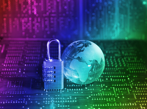 Lock and world map with computer keyboard background .