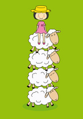 Tarjeta niña sentada encima de una ovejas