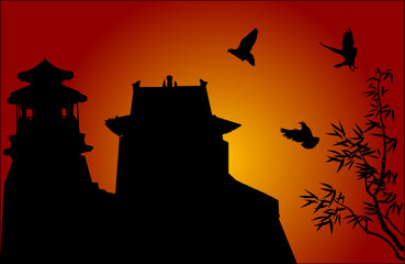 traditional Chinese building at sunset