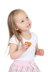 Beautiful litlle girl with cake over white